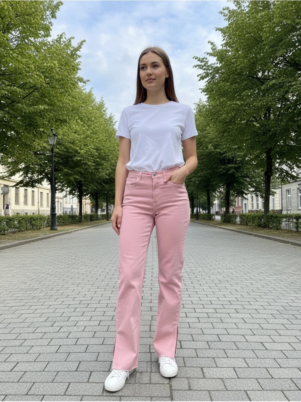 Zara Women’s  Light Pink High-Rise Straight-Leg, side slit Jeans, Size 8